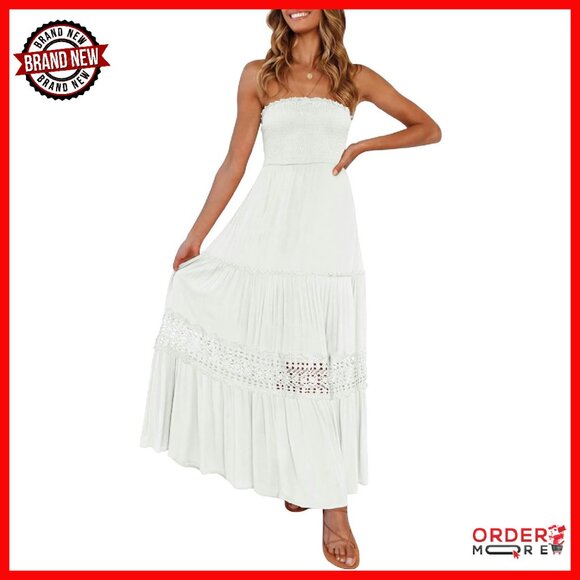 Strapless Backless Maxi Dress Lace Trim Flowy A-Line Bohemian Summer